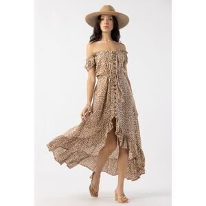 Tiare Hawaii Riviera Maxi Dress OS Tan Leopard Boho Flowy Festival Western NWT